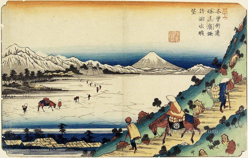 塩尻峠から見た諏訪湖の眺め 1830年 渓斎英泉浮世絵油絵